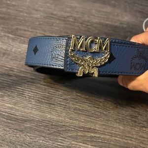 MCM Navy Leather Belt with Gold Logo Buckle